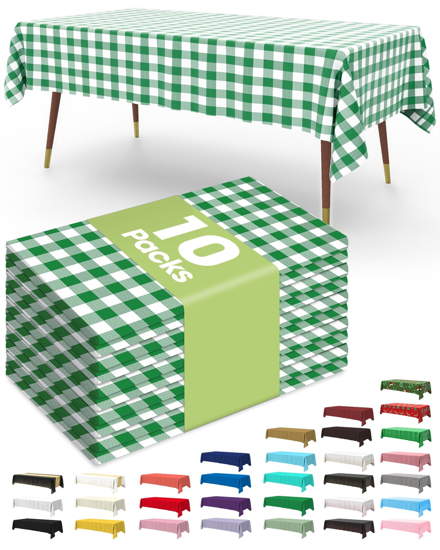 Pureegg Premium Use and Throw Table Covers 10 Pack 54x108 Inch Black for Rectangular Tables, Green Plaid