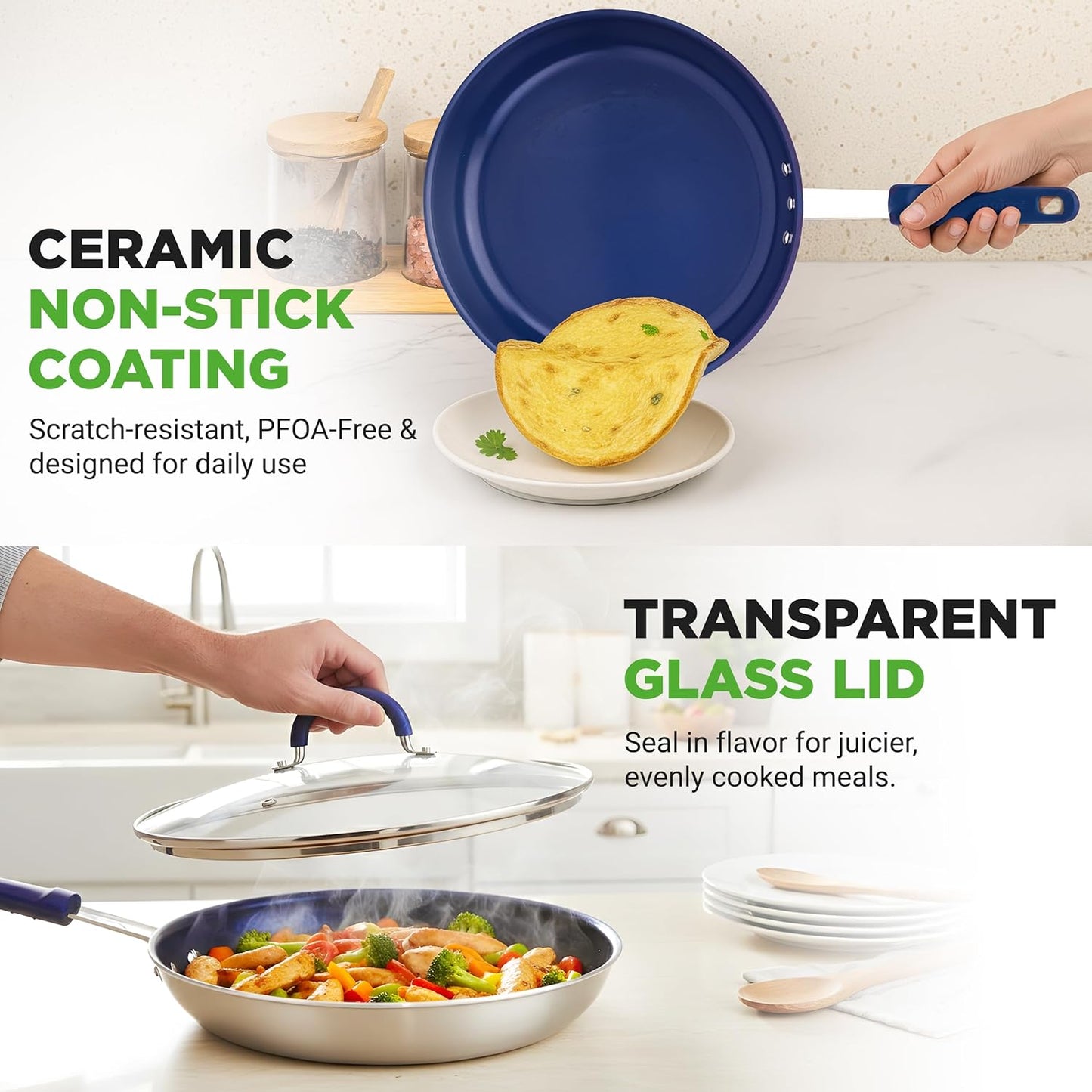 NutriChef 12" Nonstick Fry Pan with Lid - Stain-Resistant Ceramic Coating & Blue Silicone Handle