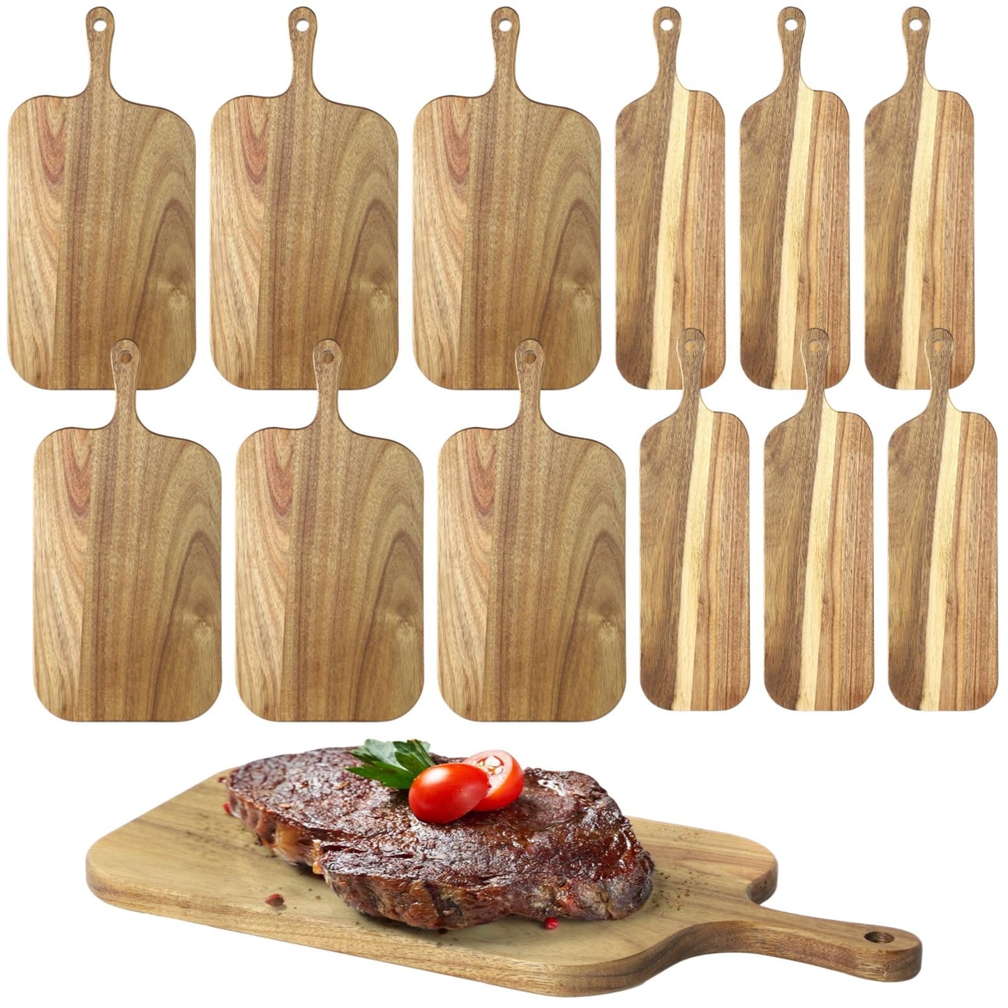 12 Pcs Wood Cutting Board Set with Handle, Acacia Wood Charcuterie Board, Small Size Long Wooden Charcuterie Board Paddle Cheese Board Serving Boards for Kitchen Meat, Pizza,Chees, 16.1×4.7", 15×7.5"