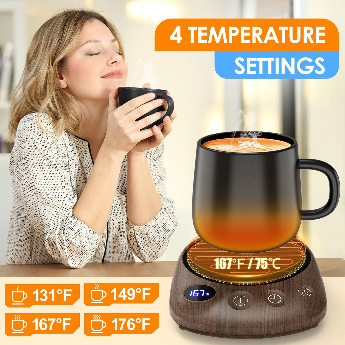 KitchekShop Coffee Mug Warmer - Fastest Heating & Highest Temperature, Coffee Cup Warmer for Desk Auto Shut Off, 4 Temp Settings & 1-12H Timer, Smart Electric Beverage Warmer for Coffee, Tea (Wood)