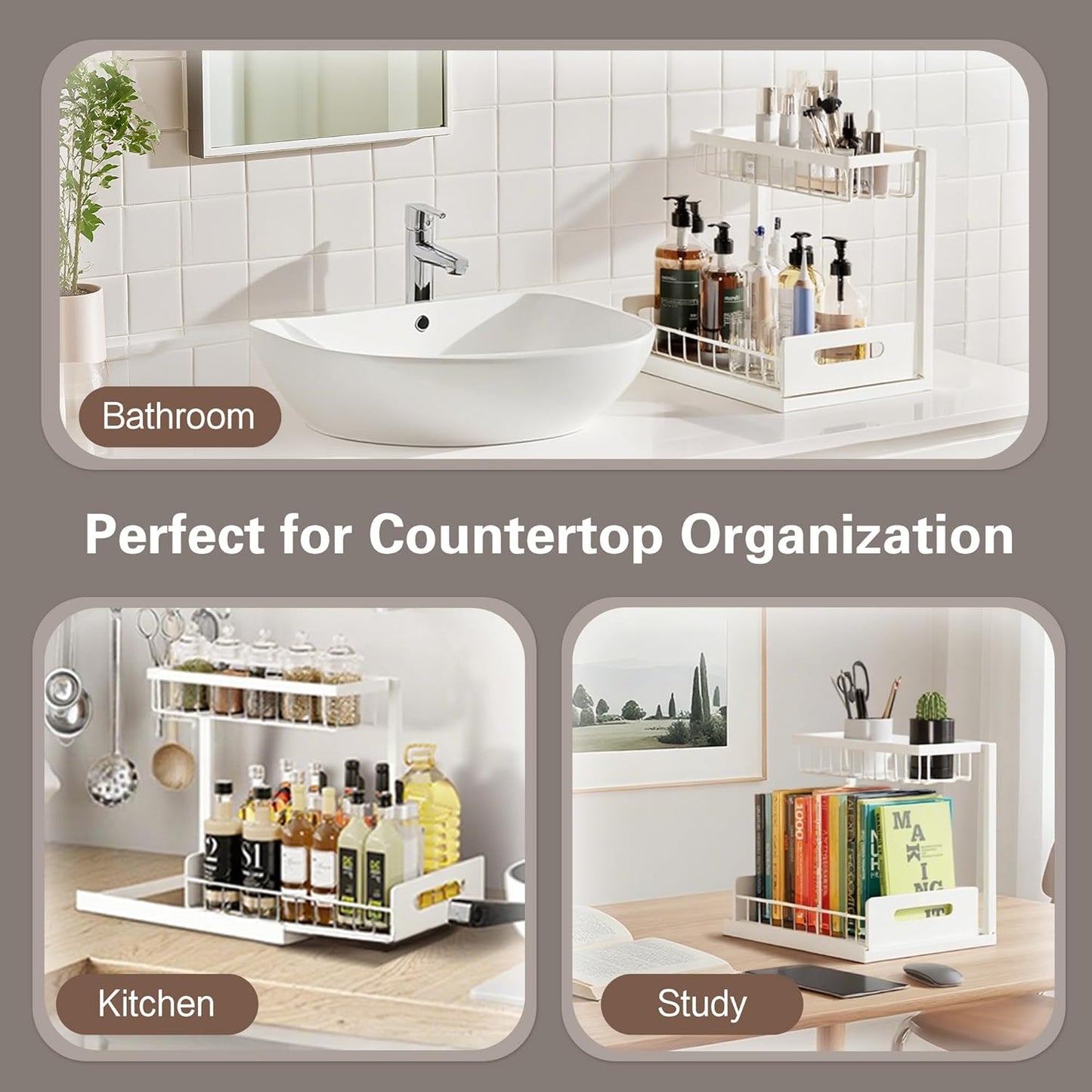 VUSIGN 2-Tier Under Sink Organizer - Slide-Out Cabinet Storage Shelf | 2 Pack, White