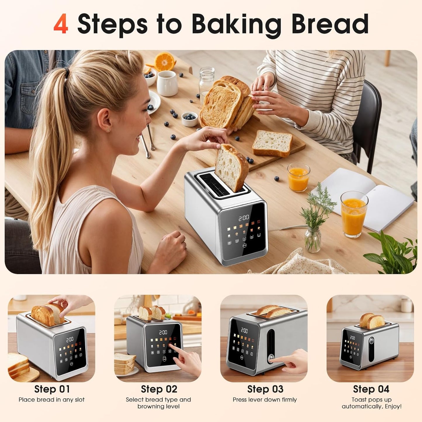 Smart Digital Touchscreen 2-Slice Toaster by [Brand Name] - Stainless Steel with Extra-Wide 1.5" Slots for Bagels & Artisan Bread | 900W Fast, Even Toasting