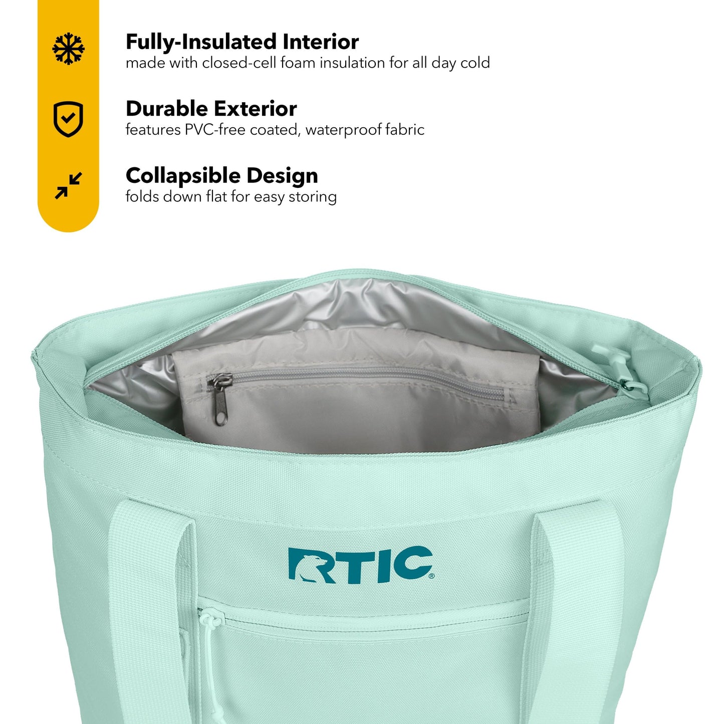 RTIC Everyday Insulated Slim Tote Cooler Bag, Waterproof for Beach, Grocery, Shopping, Camping, Picnic, Lunch, Travel, Collapsible, Fold-Flat Design, Fits 4 Wine Bottles or 24 Cans, 15L, Fresh Mint