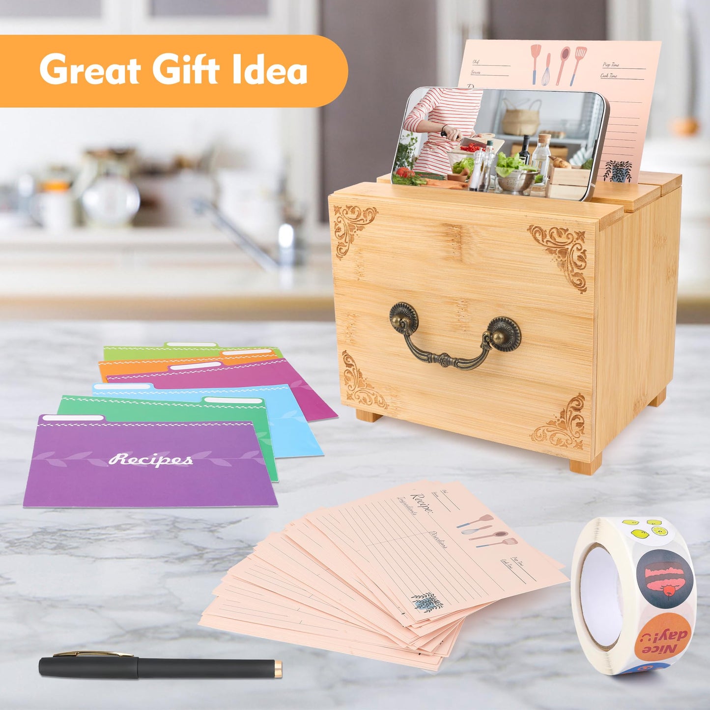 Coitak Wooden Recipe Box With 50 Double Sided 4x6 Recipe Cards, 6 Dividers, 1 Roll Stickers, 1 Pen Removable Recipe Card Holder Organizer