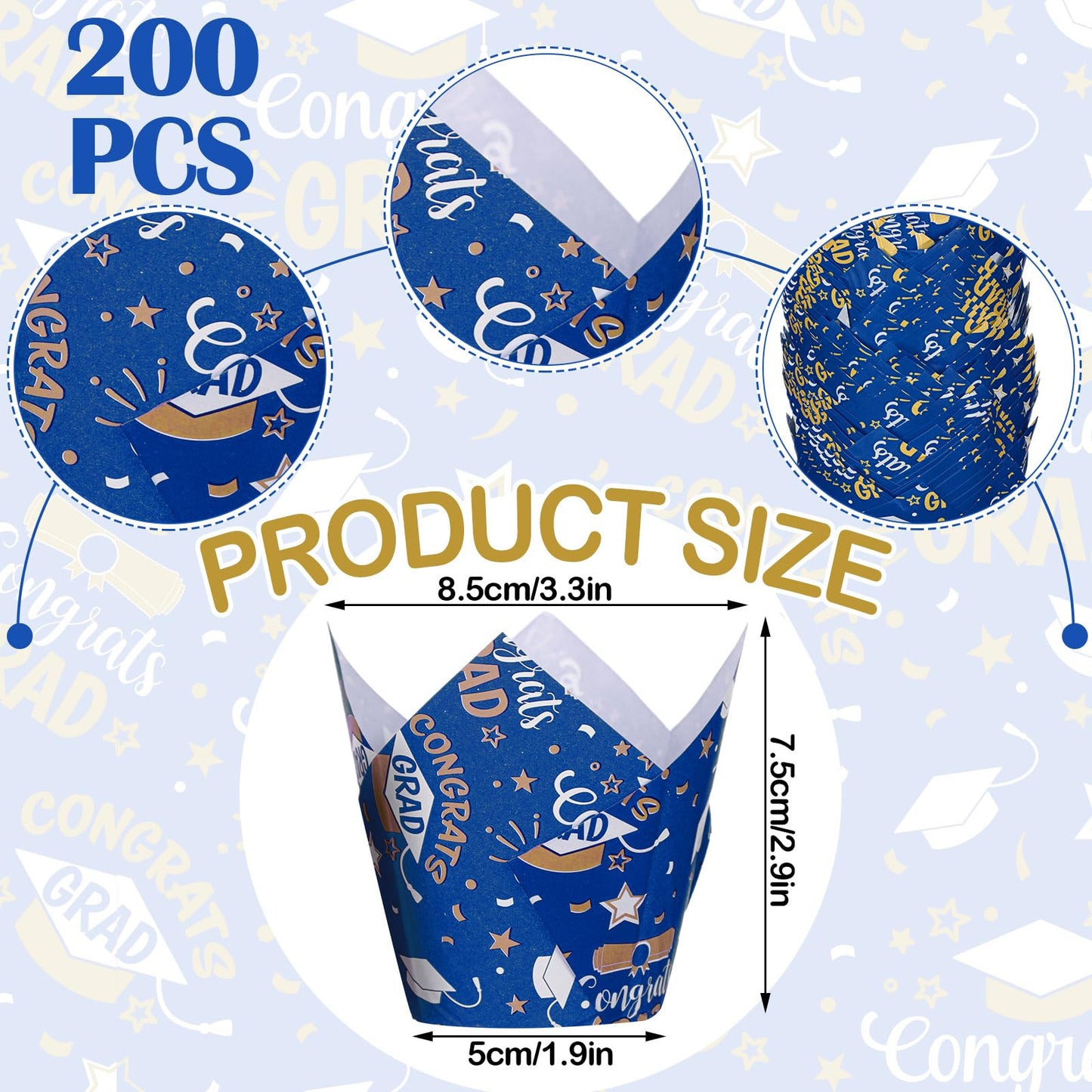 Nuenen 200 Pcs Graduation Tulip Cupcake Liners Bulk 2026 Congrats Grad Paper Baking Cup Greaseproof Muffin Liners Holders Graduation Cap Cake Paper Cup Tulip Cupcake Wrappers for Party(Blue, Gold)