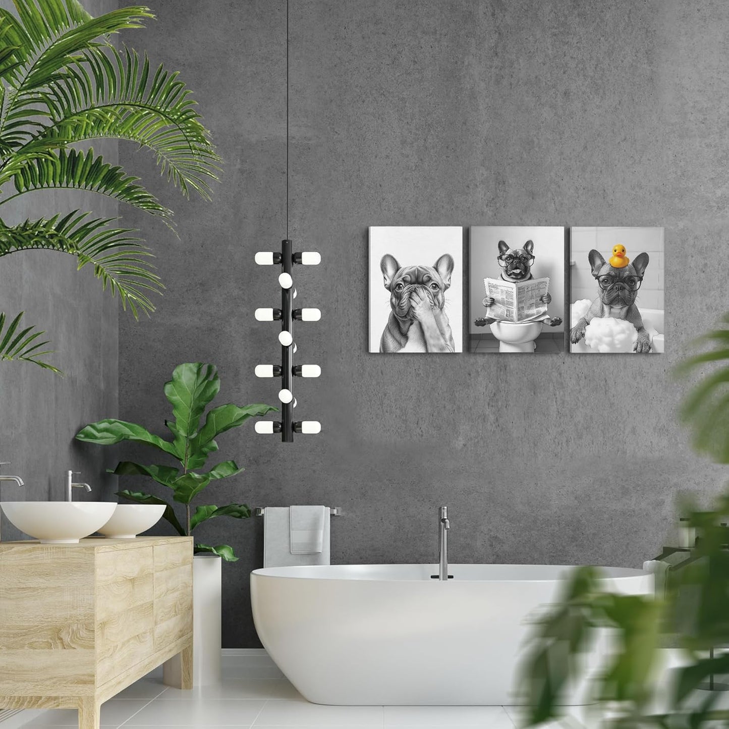 LUKIPOM French Bulldog Wall Art Set - Funny Canvas Prints for Bathroom Decor | 11x14 Inch Framed