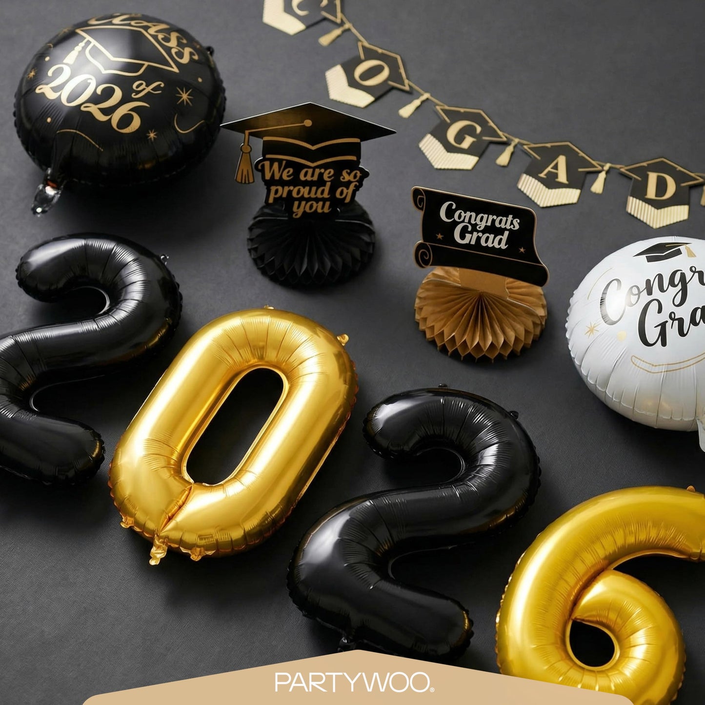 PartyWoo Graduation Balloons Class of 2026 Black White Gold 12pcs Balloons 40 Inch 2026 Foil Number Balloons 18 Inch Congrats Grad Mylar Balloons for Black White Graduation Decorations Party Supplies