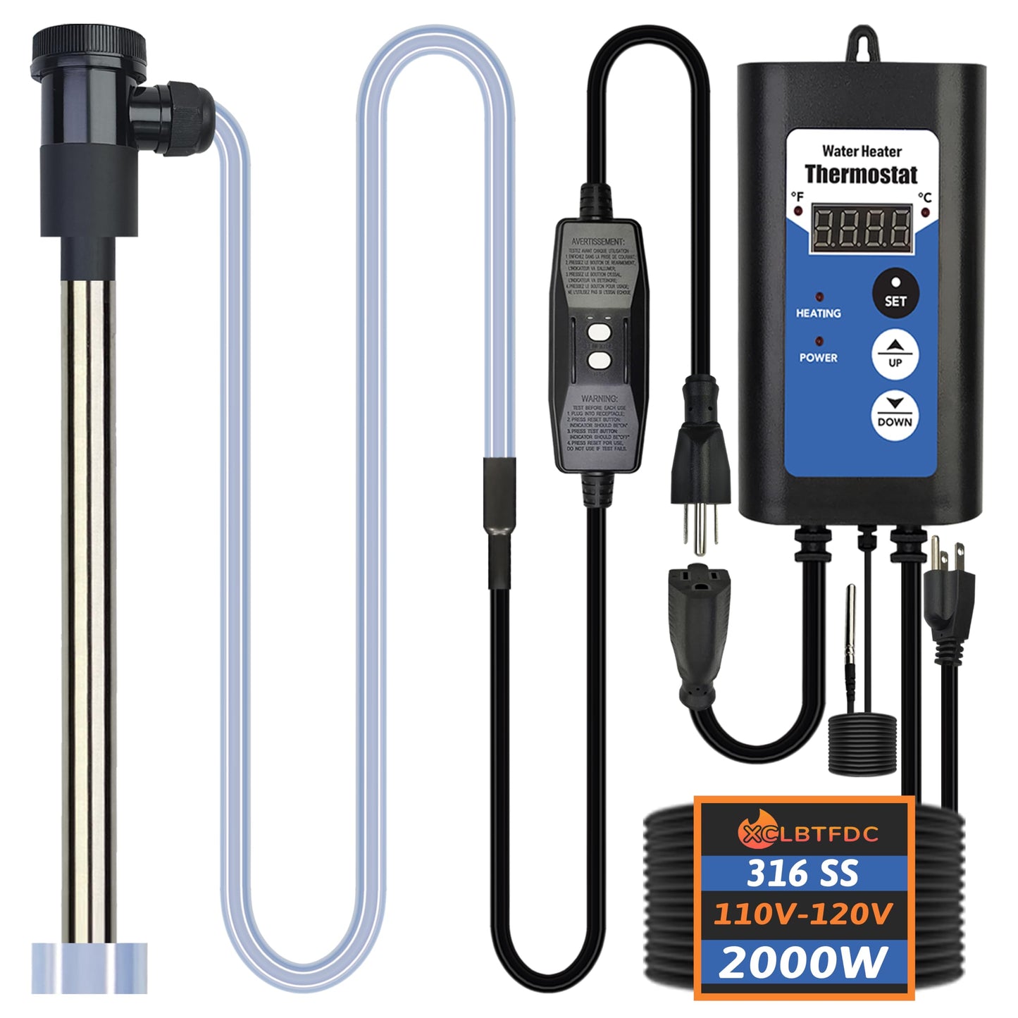 XCLBTFDC 2000W Immersion Water Heater Portable Electric Bathtub & Pool Fully Submersible Water Heater with Temp Control, GFCI for Hot Tub, Bucket, Swimming pool, above ground pool, baptistry & spa tub