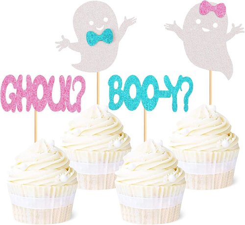 Ercadio Halloween Cupcake Toppers - 24 Pack Glitter Ghost Picks for Baby Showers & Gender Reveals