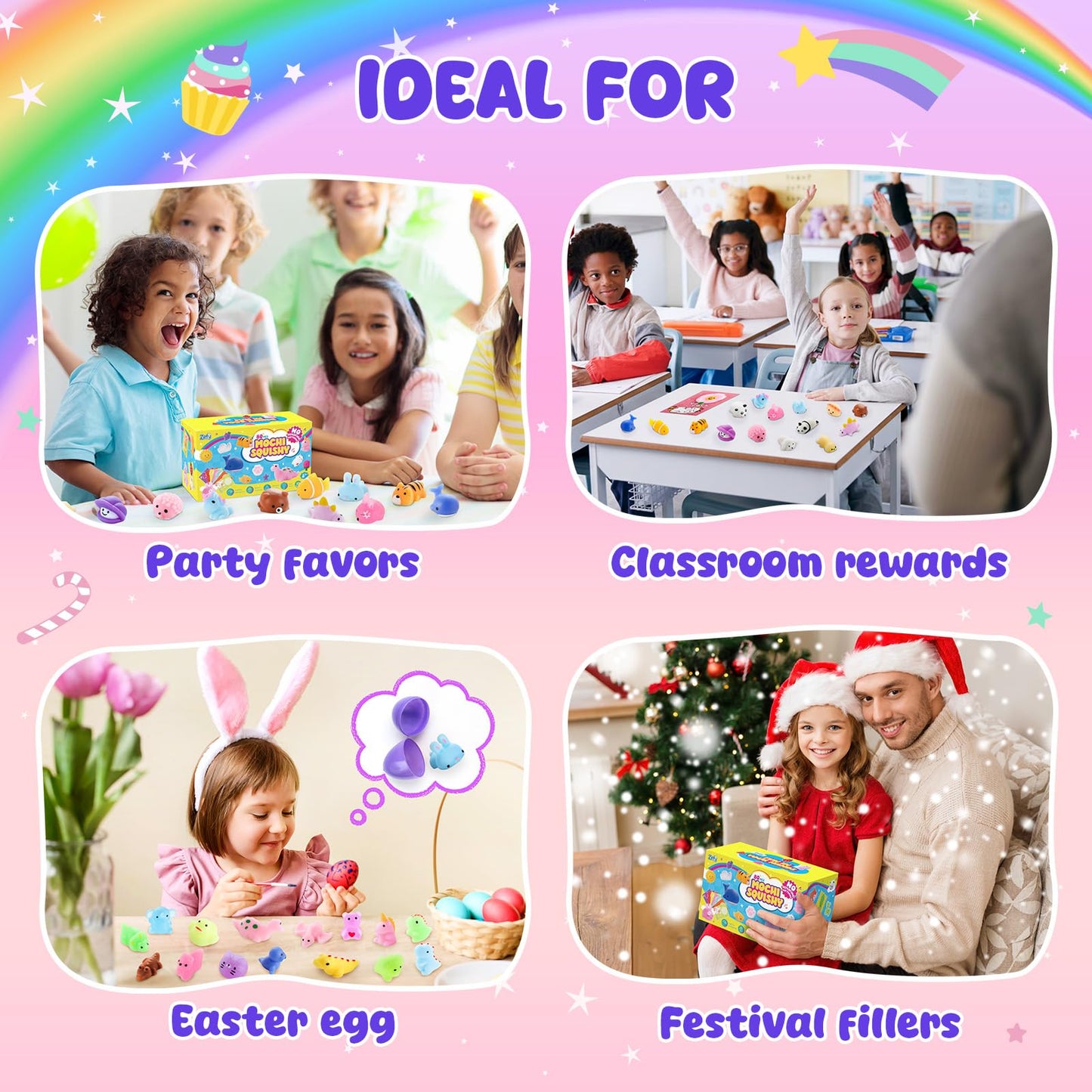 Zefy 80 Pcs Mochi Squishy Toys with Cards, Squishy Fidget Toys Valentine Party Favors for Kids 4-12, Classroom Prizes Treasure Box for Pinata Stuffers Goodie Bags Easter Basket Birthday Gifts
