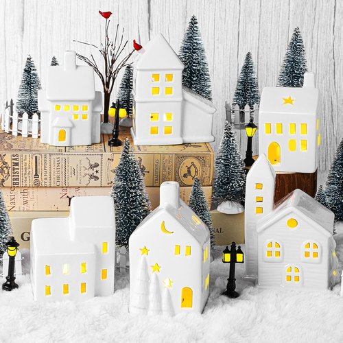 Fovths Christmas Village Set - 37-Piece Lighted Porcelain Houses with Remote Control LED Tealights | Winter Decor