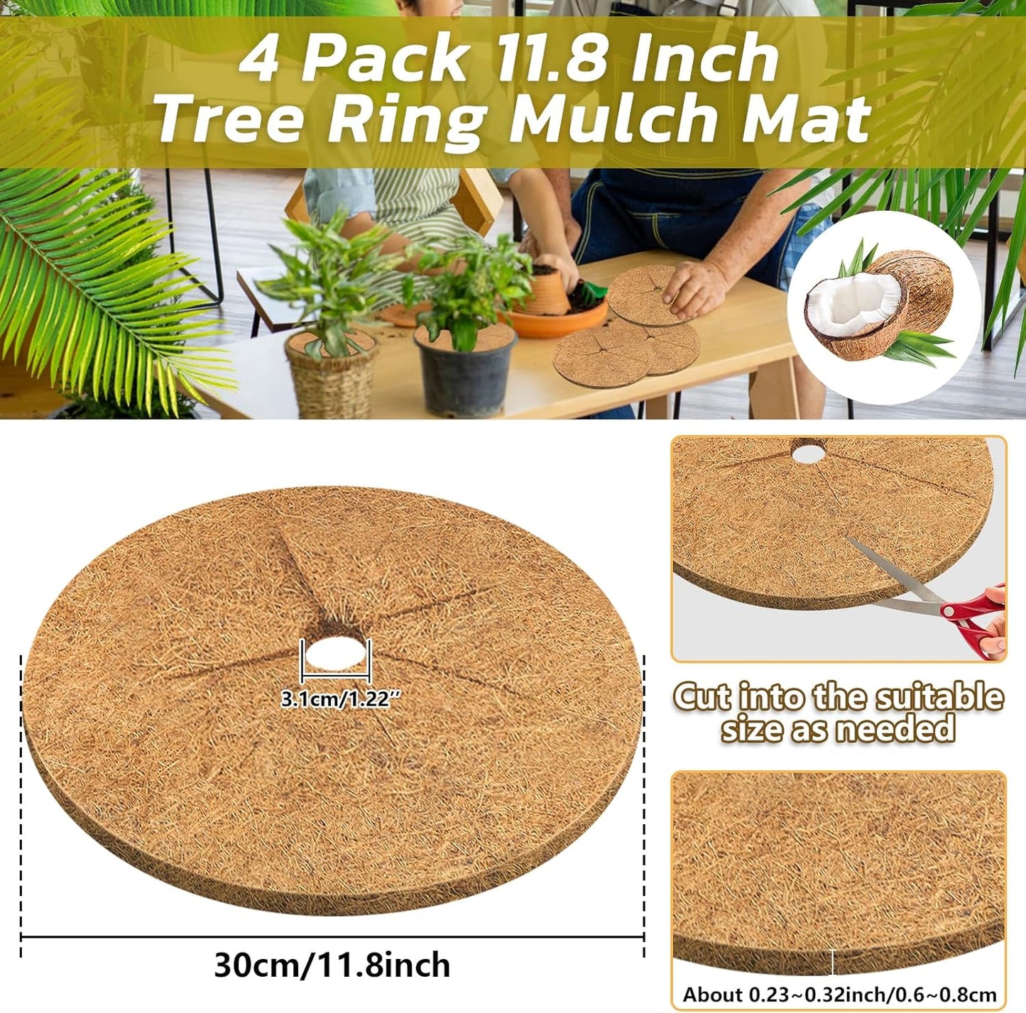 Legigo Coconut Fiber Mulch Ring - 4-Pack Natural Coir Tree Protector Mats | 11.8 Inch Soil Cover for Indoor & Outdoor Plants
