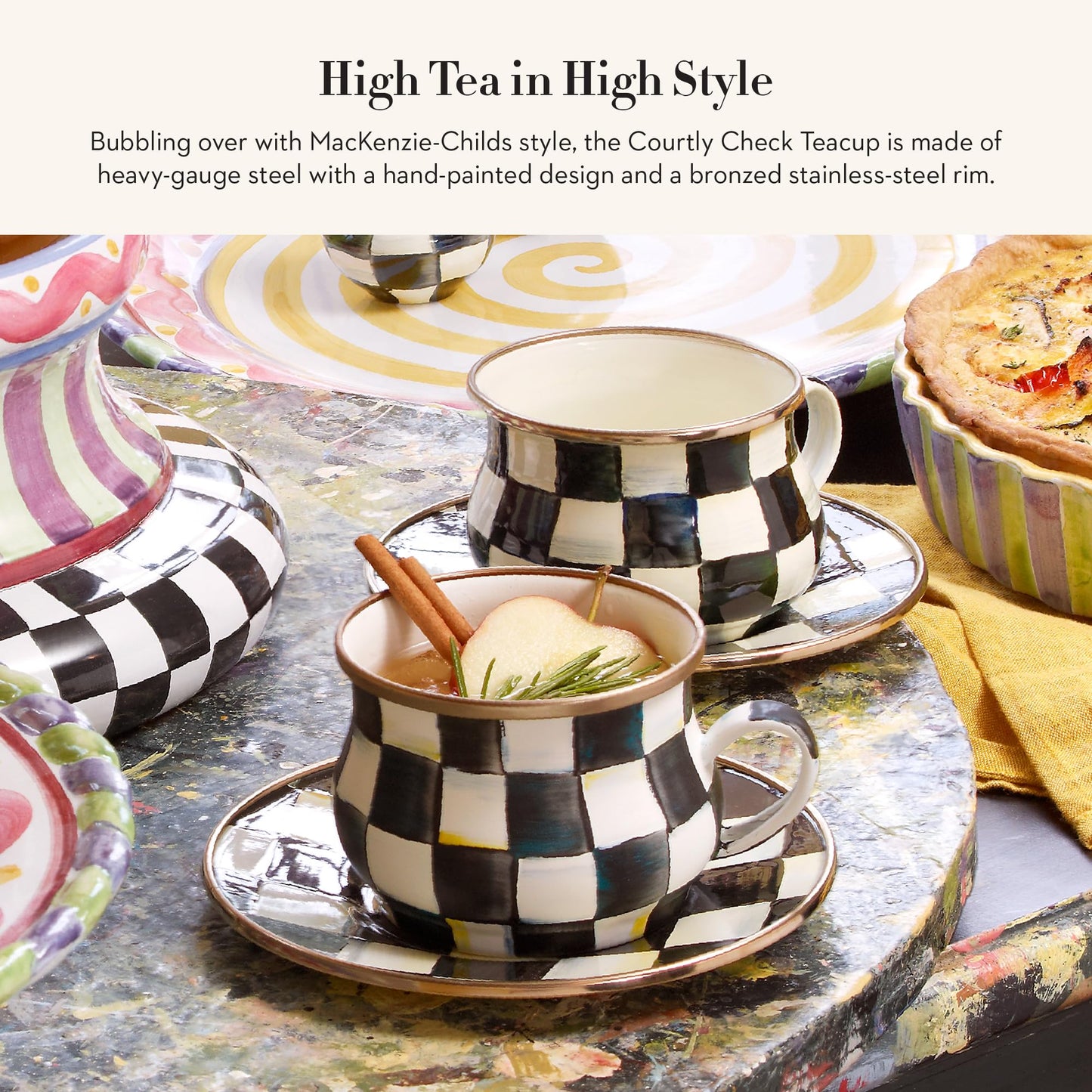 MACKENZIE-CHILDS Enamel Teacup, Unique Coffee and Tea Mug, Enamel Cup for Hot Tea, 10 Ounces, Brown-and-White Mocha Check