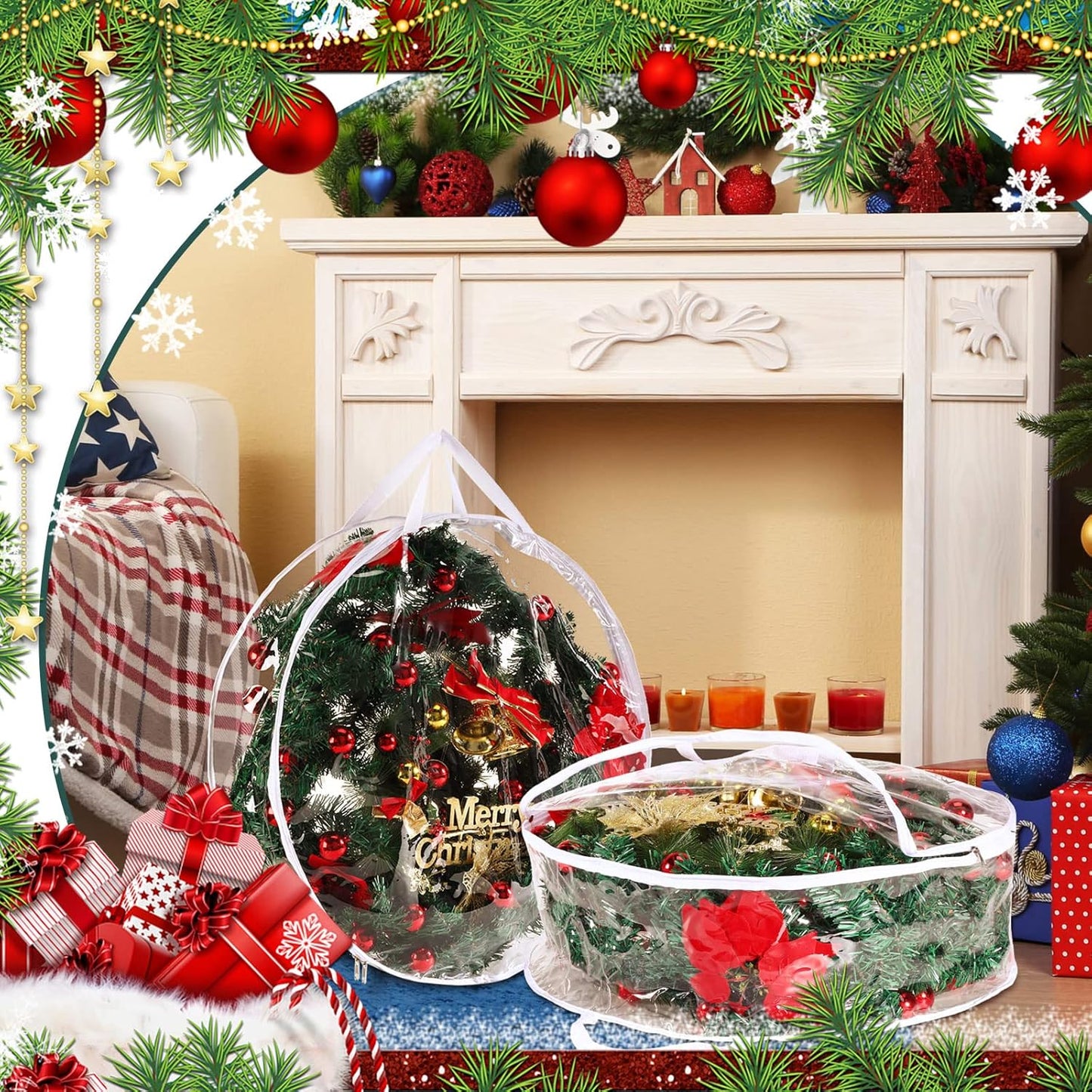 Shappy Clear Christmas Wreath Storage Container - 24 Inch Bag with Dual Zippers & Reinforced Handles