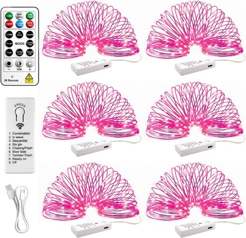 HXWEIYE Rechargeable Fairy Lights - 6 Pack Mini Twinkle String Lights with Remote & Timer | 7ft, Pink
