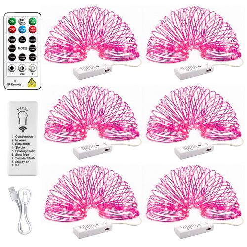 HXWEIYE 6 Pack Rechargeable Fairy Lights Battery Operated with Remote & DIY Timer, 7ft 20LED Mini Twinkle String Light for Mason Jar DIY Wedding Table Centerpieces Party Bedroom Christmas (Pink)