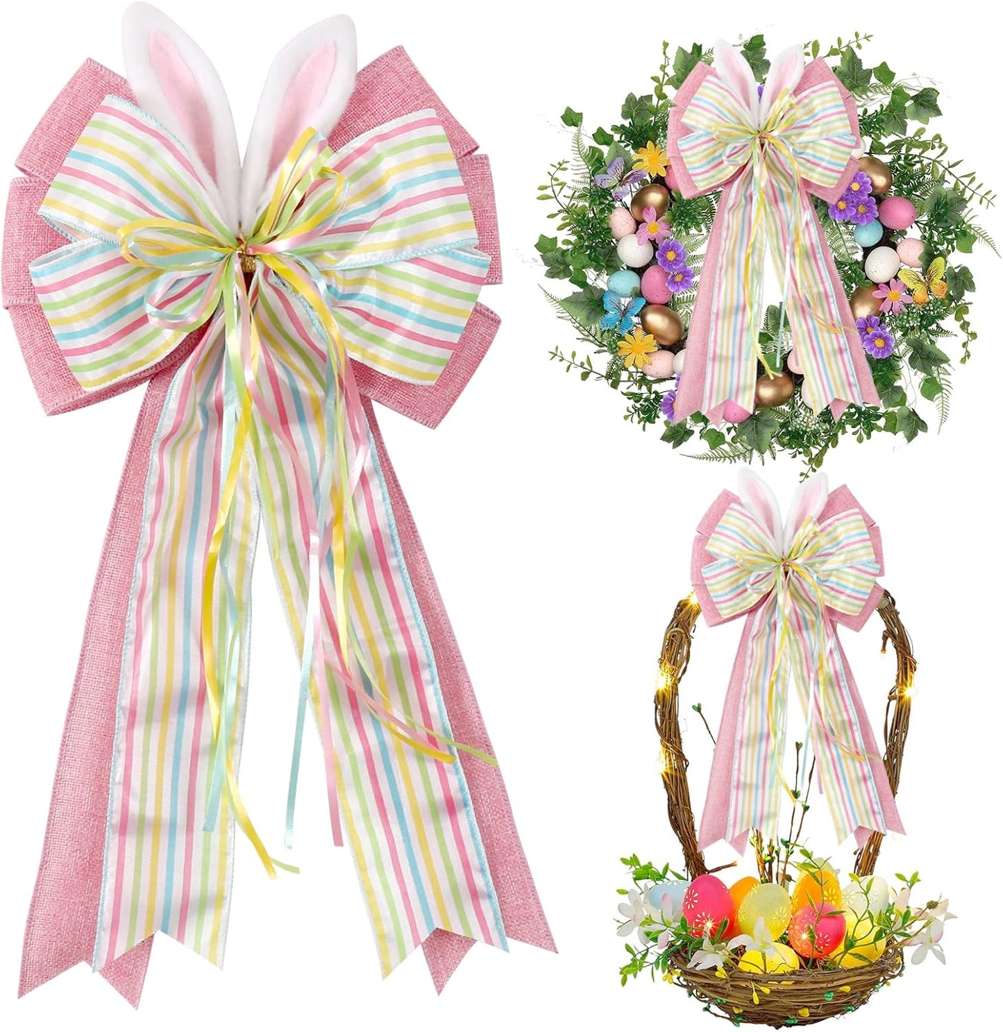 Skiennix Easter Bows - Decorative Bunny Ears Pink Burlap for Wreaths & Spring Home Decor