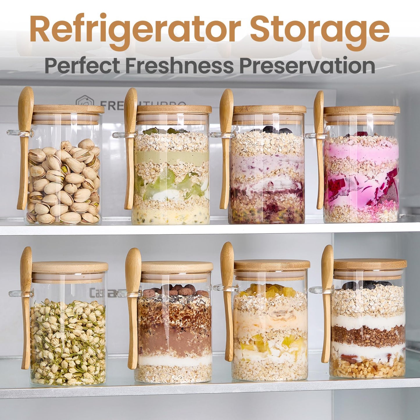 4 Pack Overnight Oats Containers with Bamboo Lids and Spoons - 22 oz Airtight Glass Jars with Lid, Meal Prep Jars for Chia Pudding, Yogurt, Salad, Cereal, Coffee, Flour | Food Storage Canister