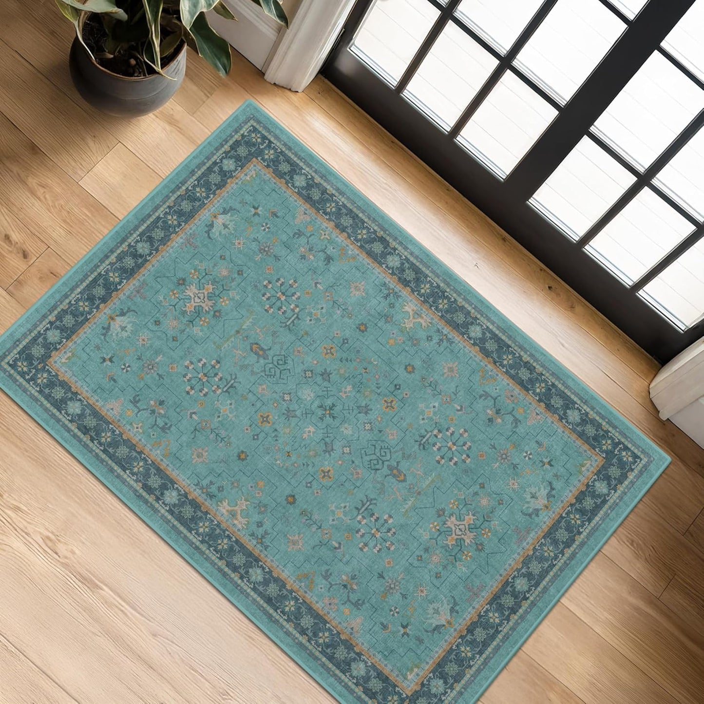 Skiennix 2x4 Washable Teal Throw Rug - Non-Slip Boho Floral Indoor Carpet for Entryway & Bathroom