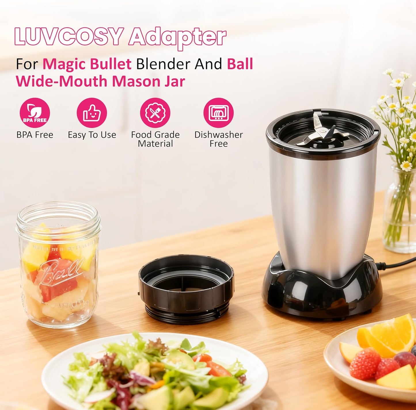 Magic Bullet Blender Adapter - Blend Directly in Wide-Mouth Mason Jar | Replace Plastic Cup Accessory