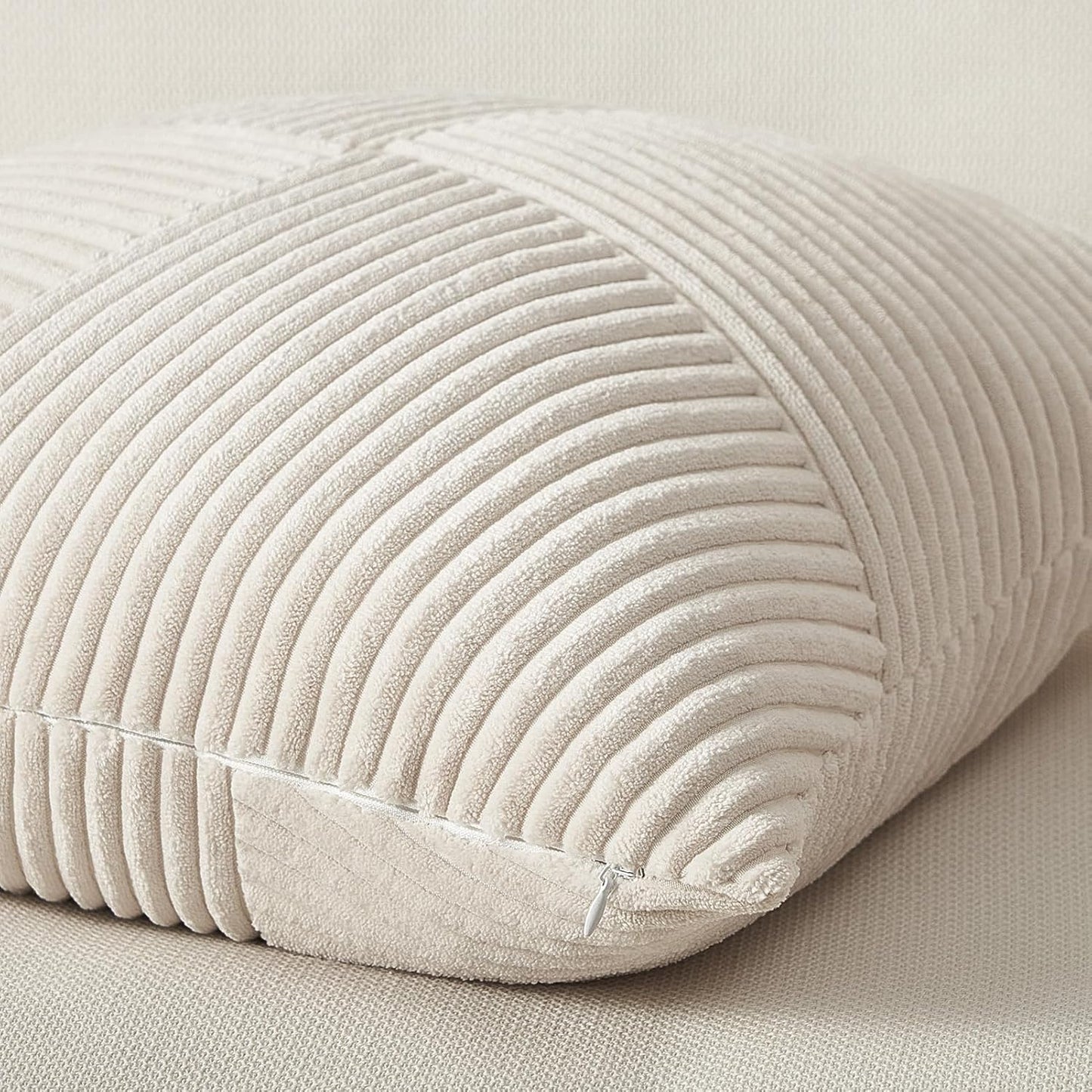 Topfinel Decorative Pillow Covers - Soft Corduroy Striped Patchwork | Set of 2, 12x12 Inch, Cream White