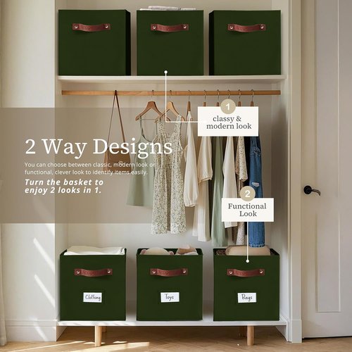 DECOMOMO Storage Cubes - 13x13x13 Fabric Organizer Bins with Labels | 6-Pack in Olive Green