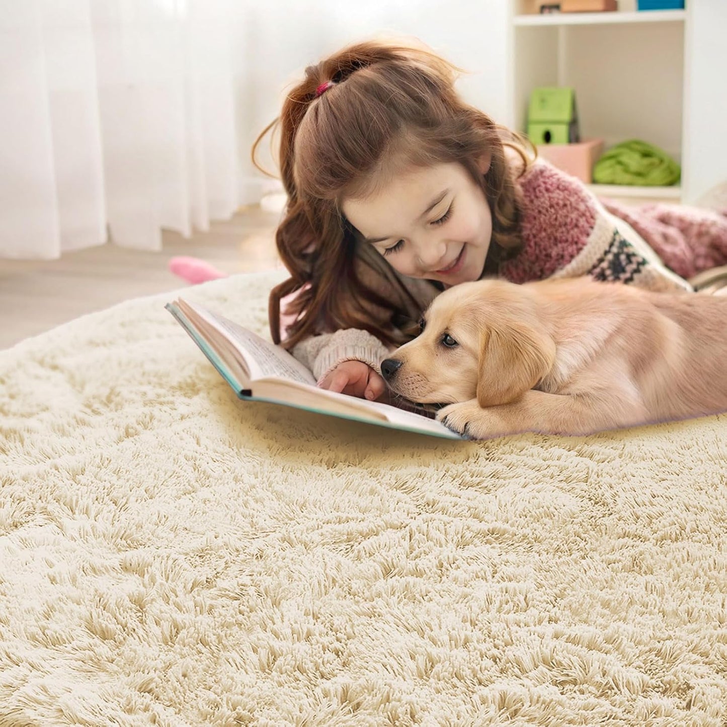 OLANLY Cream Round Area Rug - Soft, Fluffy, Machine Washable 6 ft Circle Carpet for Bedroom & Living Room