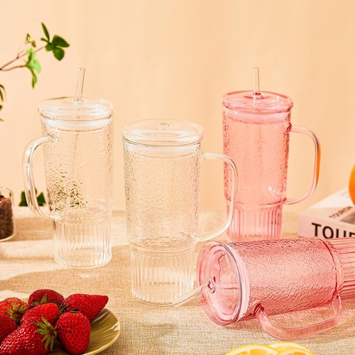 GOSCHE Glass Cups with Lids and Straws, 24oz Clear Iced Coffee Cups with Handle, Glass Tumbler with Straw and Lid for Smoothie Water Tea Juice, Clear, 2 Pack