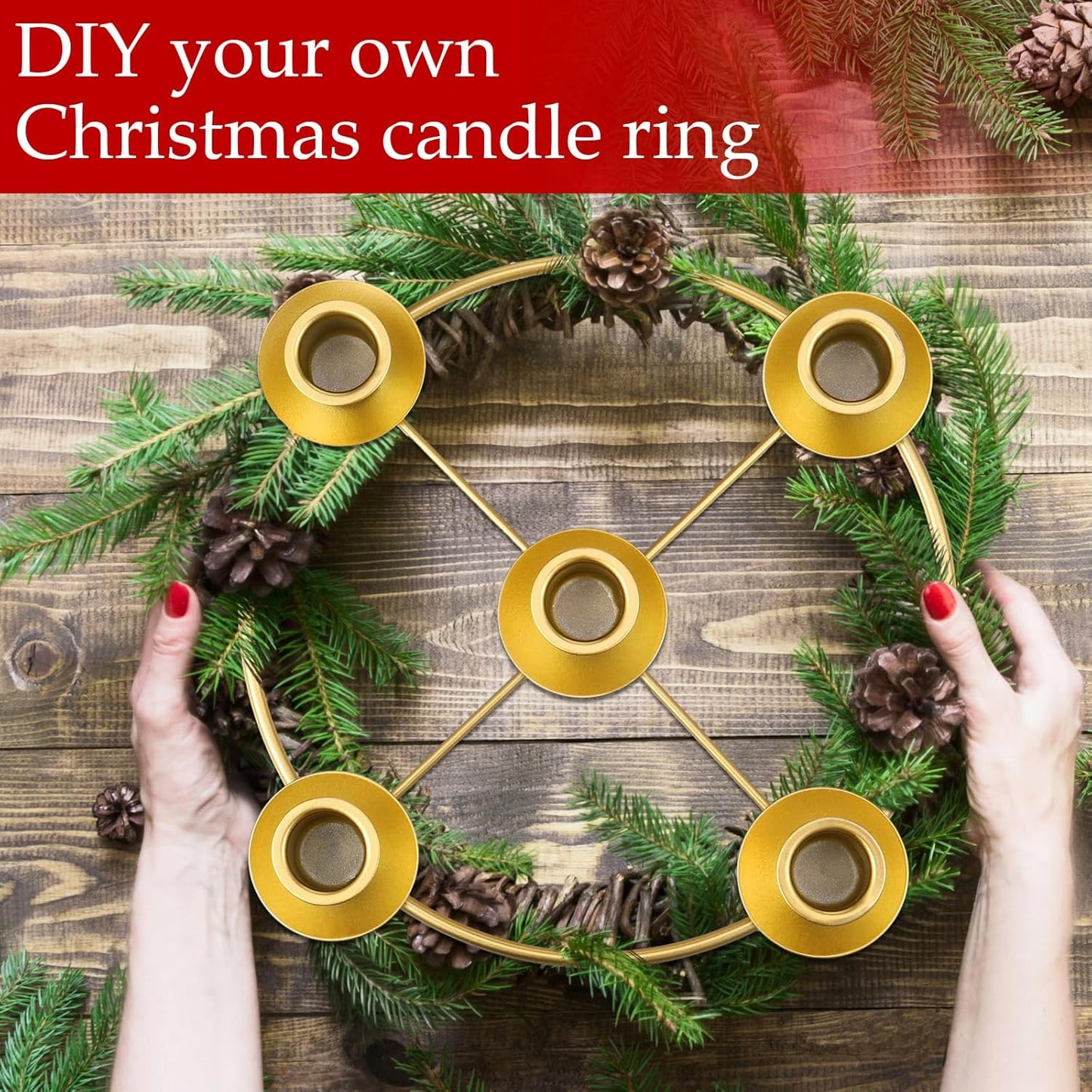 Newtay Christmas Advent Wreath - 5 Candle Holder Ring, 8.5 Inch Gold Metal Table Decoration