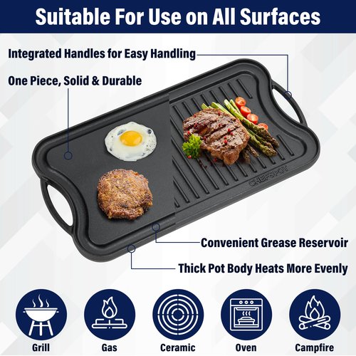 CHEFSPOT Griddle Pan for Stove Top – 20" Reversible Cast Iron Double Burner Griddle Plate, Multi-Use Preseasoned Pancake Pan with Handles - Works on most Stovetops, Grills, and Fire