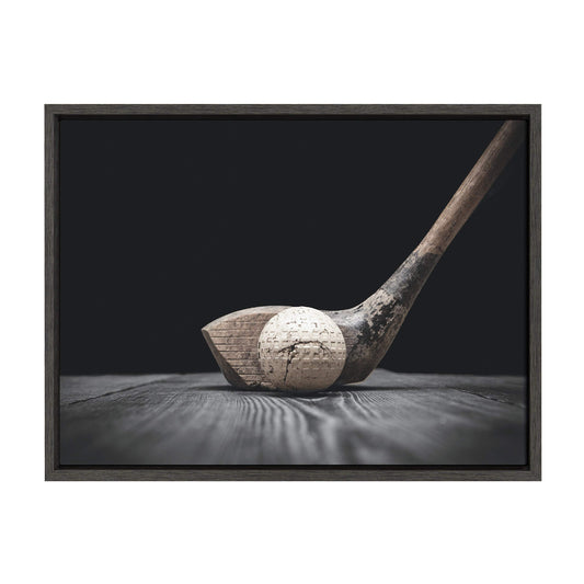 DesignOvation Sylvie Vintage Golf Club and Ball Framed Canvas by Shawn St. Peter, 18x24 Dark Grey, Transitional Sports Wall Decor for Office, Bedroom, Or Living Room