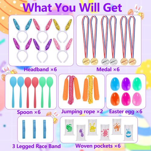 Atonofun 29 Pack Easter Games for Kids Outdoor, Potato Jumping Bags, Bunny Ears Headbands, Egg Spoon Relay Races, Legged Relay Race Bands for Easter Eggs Hunt Party Supplies