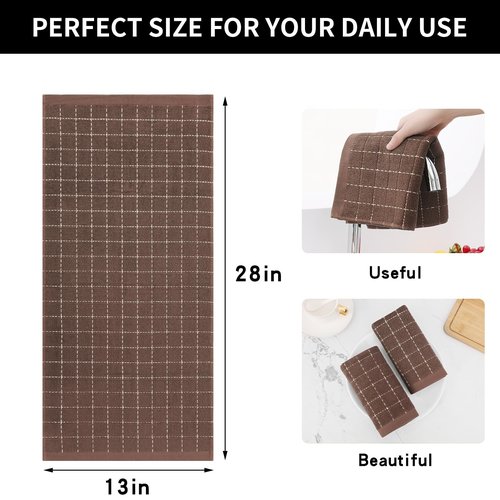 Homaxy 100% Cotton Terry Kitchen Towels(Brown, 13 x 28 inches), Checkered Designed, Soft and Super Absorbent Dish Towels, 4 Pack