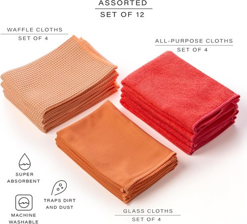BINO Microfiber Cleaning Towels - Ultra Absorbent Red Ombre Set | 15x15 Inches, 12 Pack
