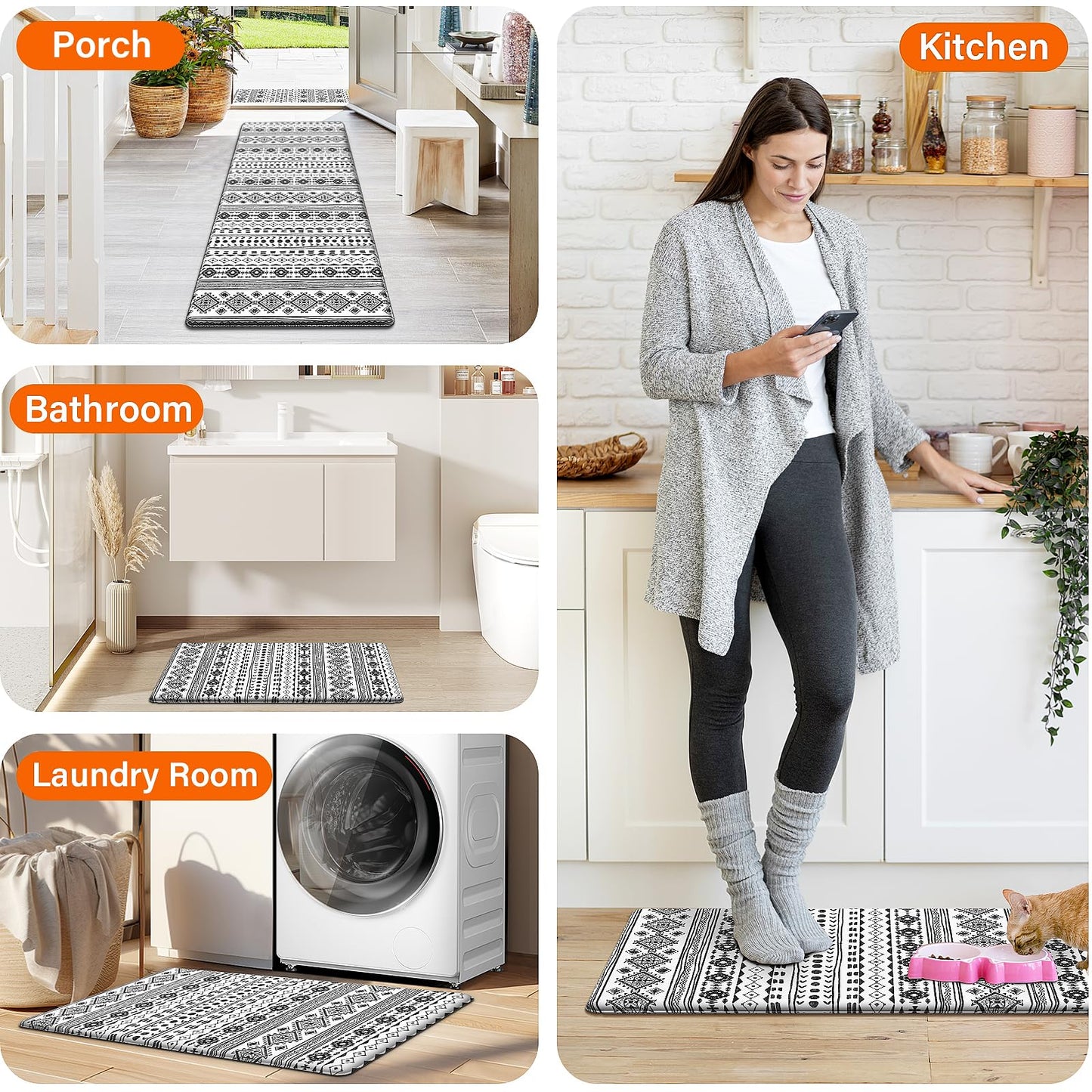 StepRite Kitchen Mats for Floor, Kitchen Rugs Sets of 2, Non-Slip Washable Kitchen Decor Rugs, Anti Fatigue Mats for Kitchen Floor, Sink, Office, Laundry, 17.3"×30"+17.3"×59", Black and White