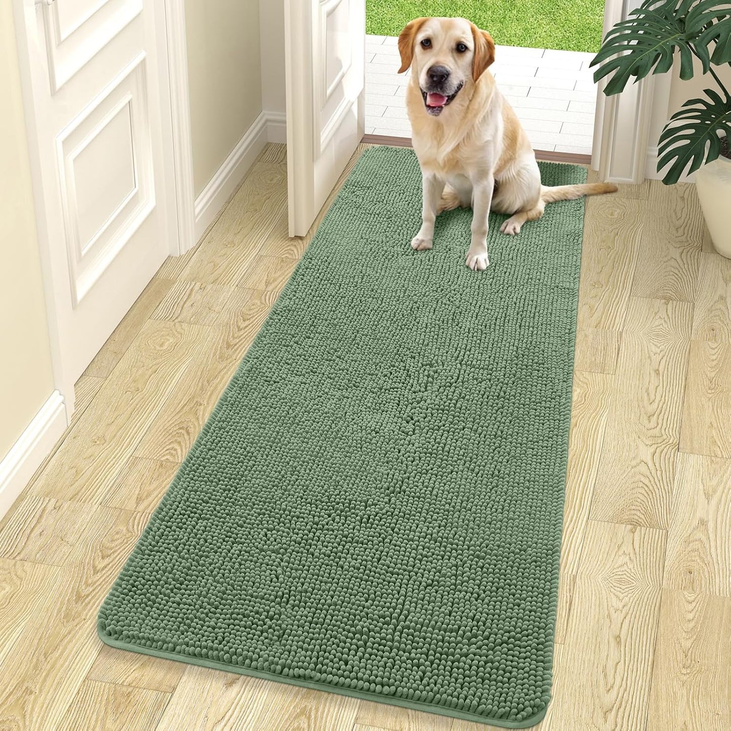 OLANLY Dog Door Mat - Absorbent Non-Slip Mud Mat for Muddy Paws | 70x24 Inches, Quick Dry Chenille, Olive Green