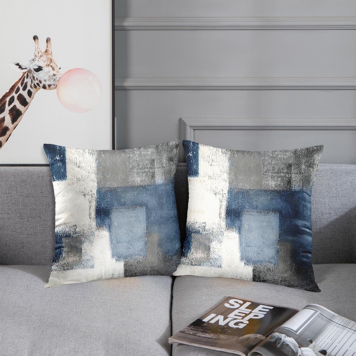 Taysta 2PC Lumbar Decor Throw Pillow Covers Blue and Grey Cushions Rectangle Design Abstract Art Painting Style Modern Contemporary Home Decorative Cushion Pillow Cases 18" x 18" Pillowcases