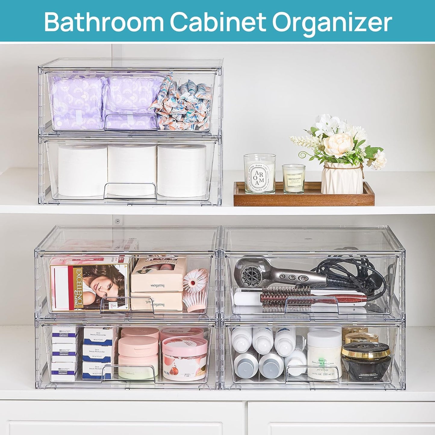 Vtopmart Large Stackable Storage Drawers - Clear Acrylic Organizers for Bathroom & Kitchen | 2 Pack