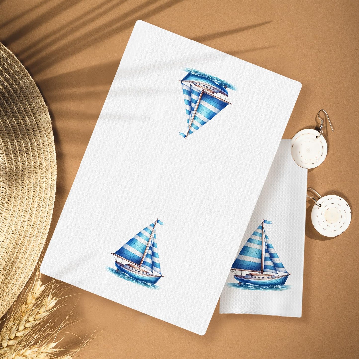 HUGANE Nautical Sailboat Kitchen Towels, Coastal Beach Hand Towels for Bathroom, Sailing Gifts for Women Men, Gifts for Boat Owners Sailors, Nautical Dish Towels, Boat Captain Gifts, 16x24 Inch