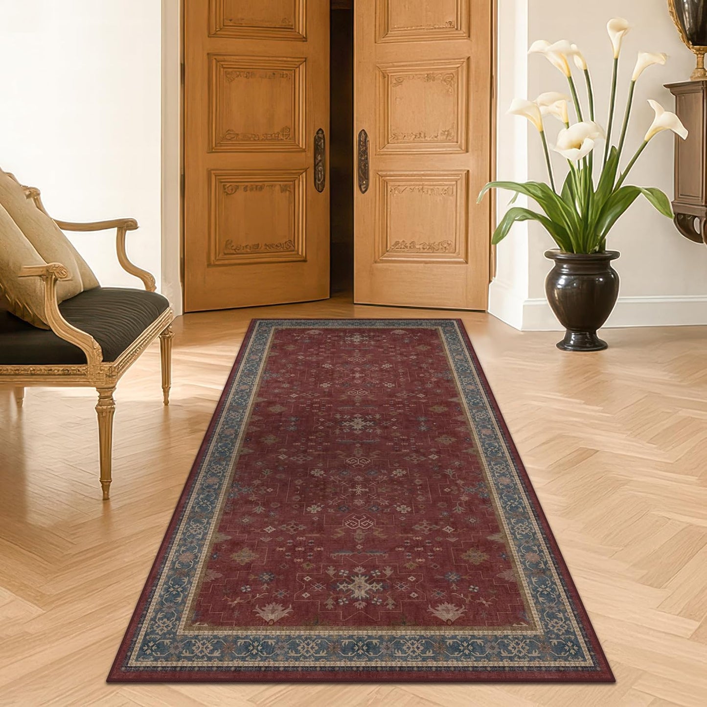 Washable Entry Way Rug - Burgundy 3x6 Non-Slip Bohemian Carpet for Kitchen, Bedroom & Foyer