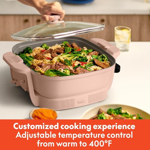 Bella Make & Take Electric Skillet - Adjustable Temperature, Dishwasher-Safe Lid, 1200W, Blossom Color