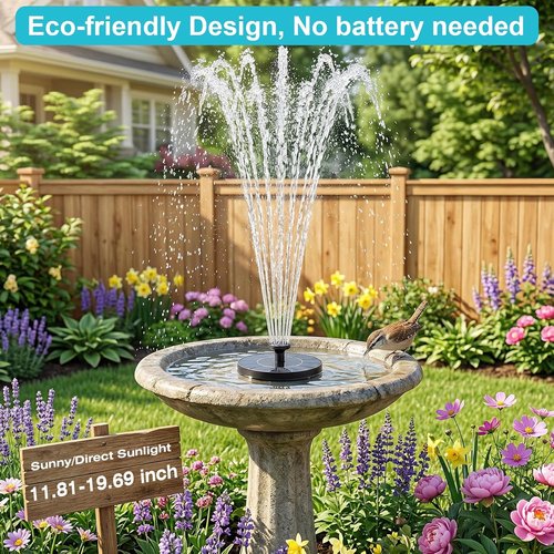 AMZtime Solar Fountain - 2026 Upgrade Bird Bath Water Feature with 6 Nozzles & 4 Fixed Rods | Perfect for Garden, Pool, Pond, and Patio