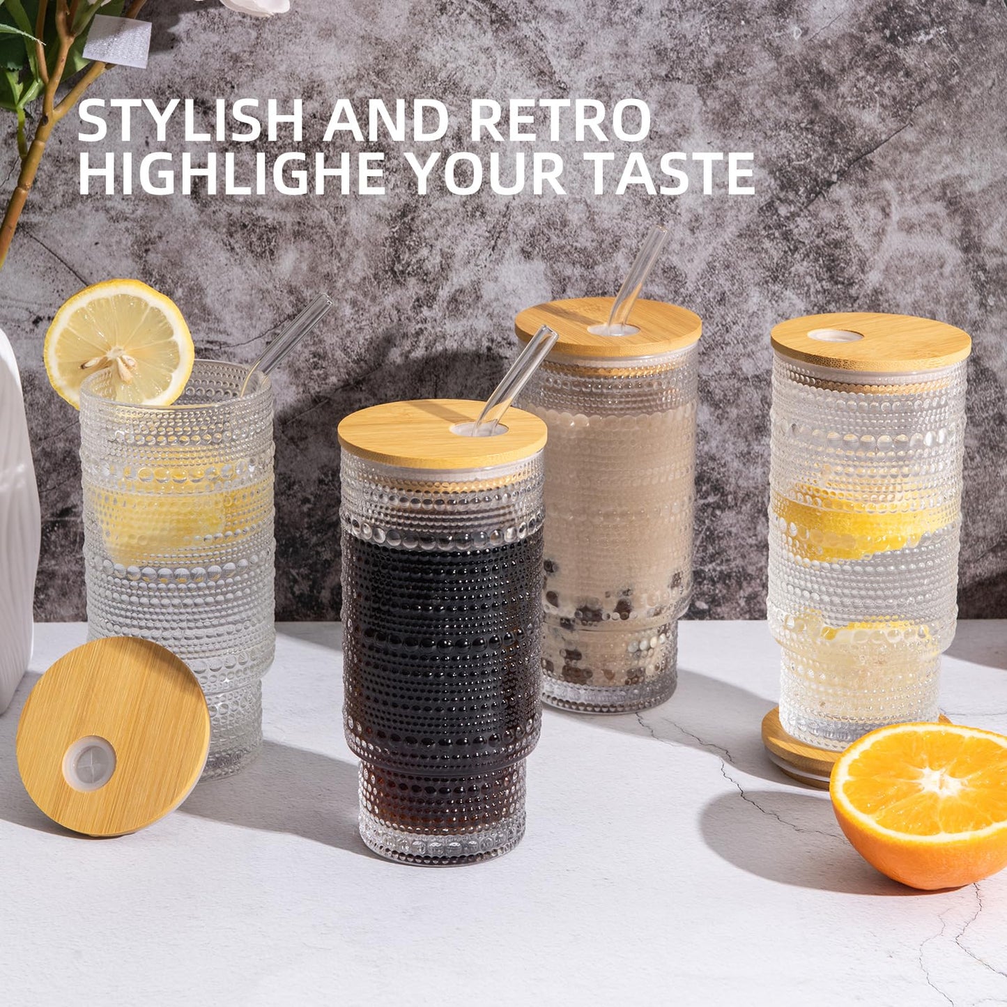 MRZIKPO Drinking Glasses with Bamboo Lids and Glass Straw 8pcs Set,16oz Glass Tumbler Cups,Water Glasses,Iced Coffee Glasses,iced Tea Glasses,Beer Glasses,Ideal for Whiskey,2 Brushes