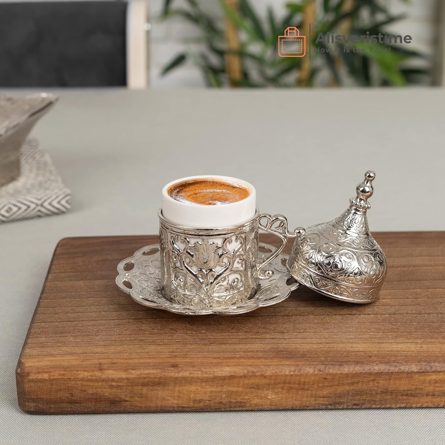 Alisveristime Authentic Turkish Coffee Cup Set: Zamak & Porcelain, Tulip Motifs (Set of 2) (Lale) (Gold)