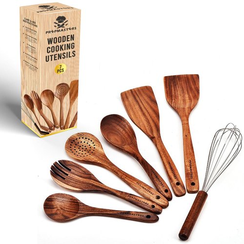 7 Pcs Natural Teak Wooden Spoons for Cooking, Kitchen Utensil Set – Nonstick & Safe Cooking Tools – Comfortable Grip & Lightweight Wooden Spoons – Ideal for Home Chefs