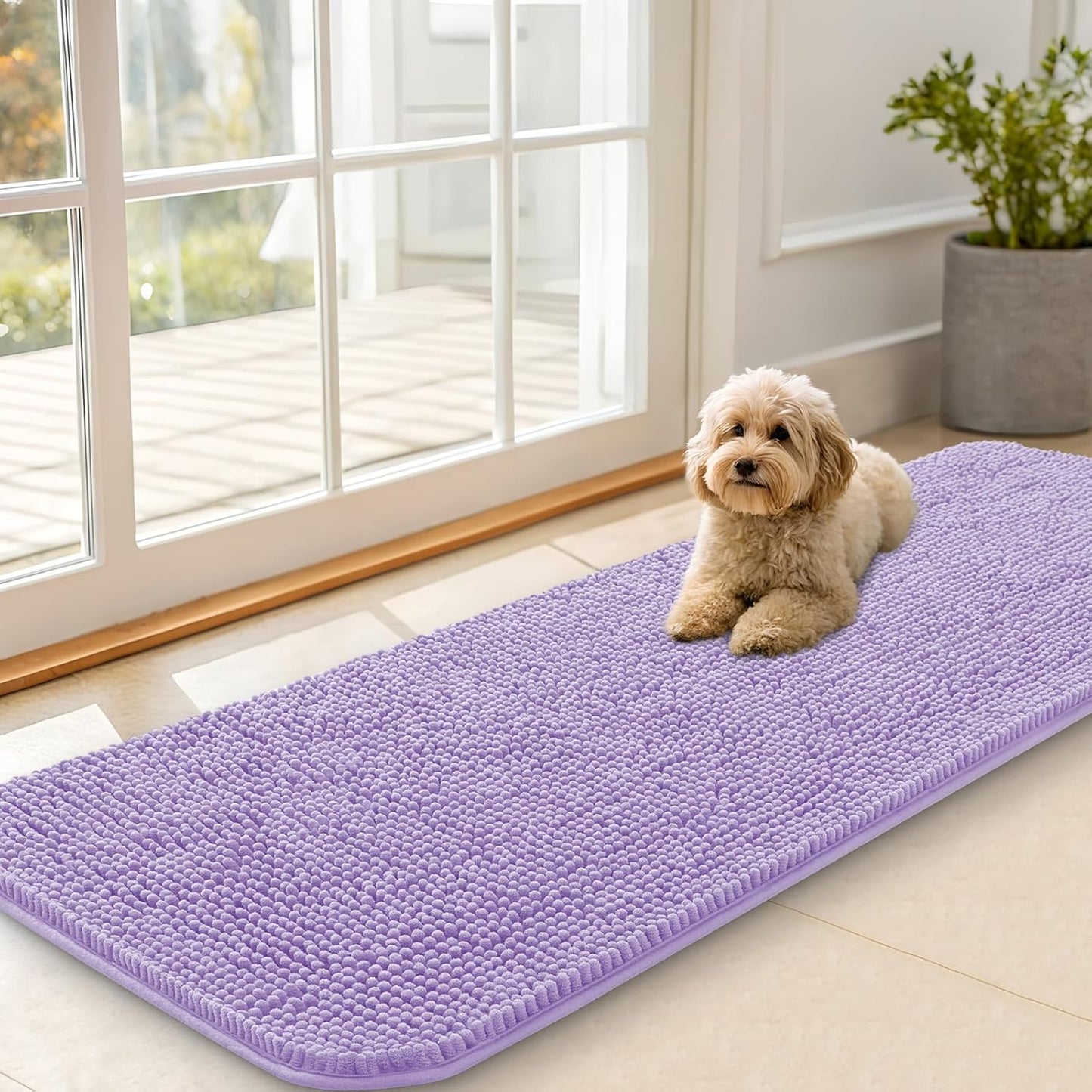 OLANLY Dog Door Mat - Absorbent Non-Slip Washable Doormat for Muddy Paws | 59x20 Inches, Lavender