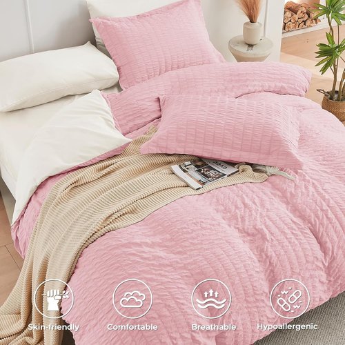 HYMOKEGE California King Comforter Set - Luxury 7-Piece Seersucker Bedding in Pink/Ivory for All Seasons