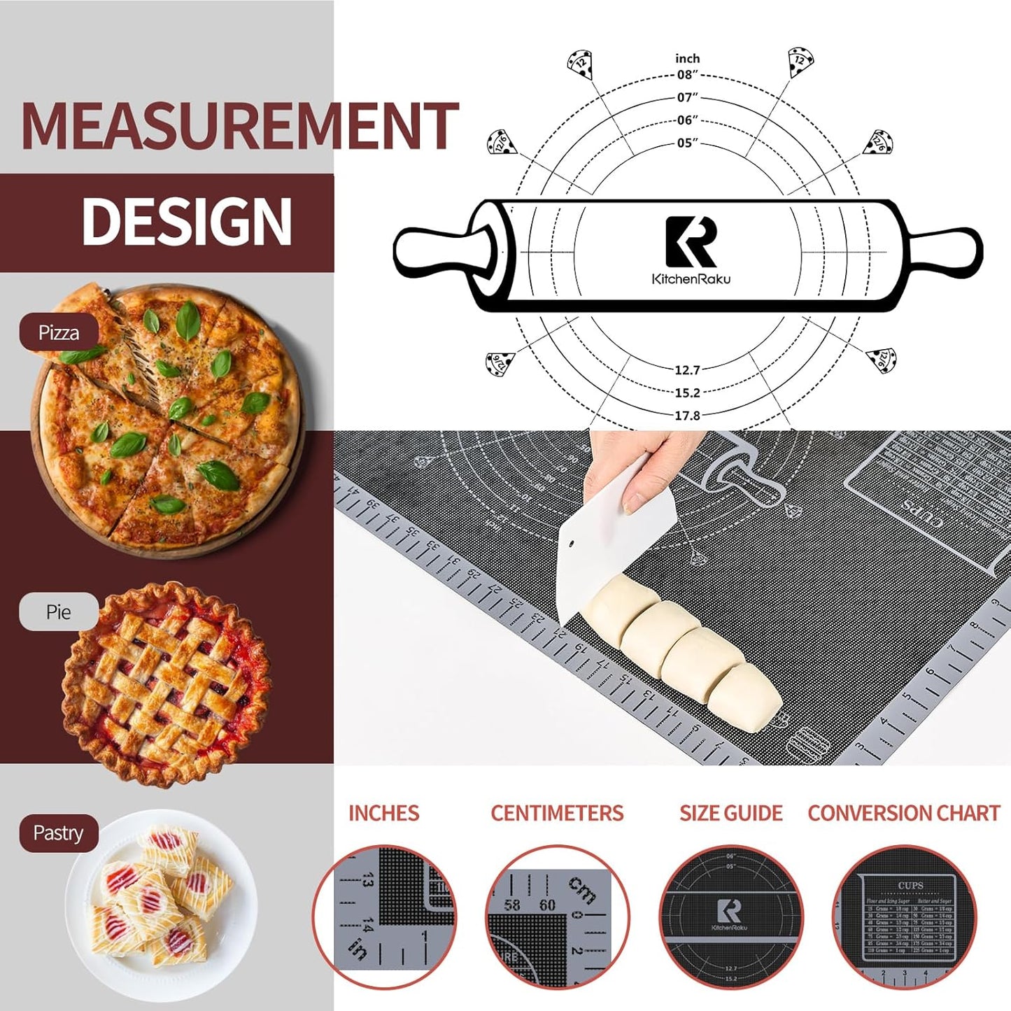 Silicone Pastry Mat - Extra Large Non-Slip Baking Mat with Measurements | 26'' x 16'' Translucent Grey