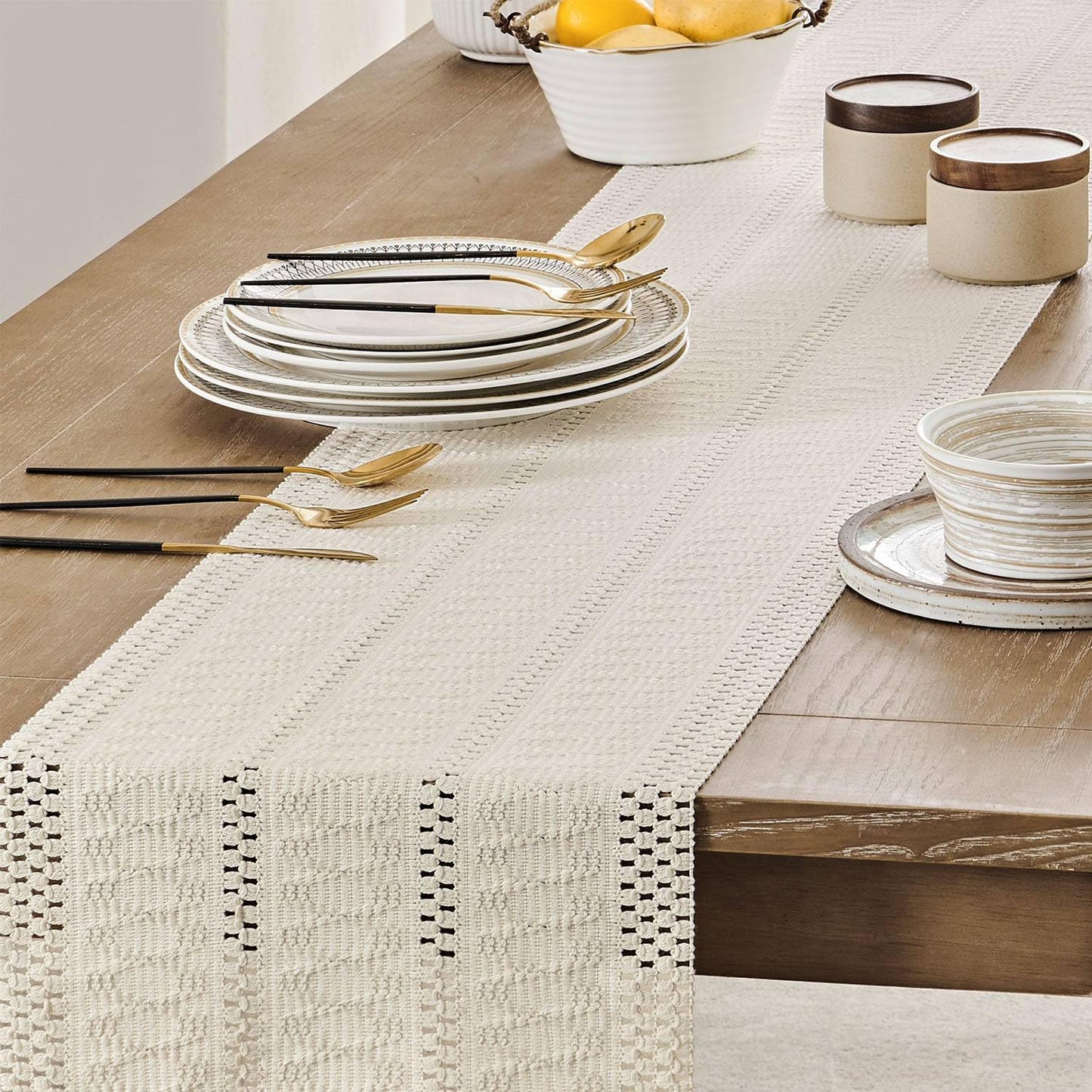 ZeeMart Macrame Style Boho Table Runner, Ivory Table Runners 72 Inches Long, Farmhouse Woven Home Decor, 12x72 Inch, Ivory