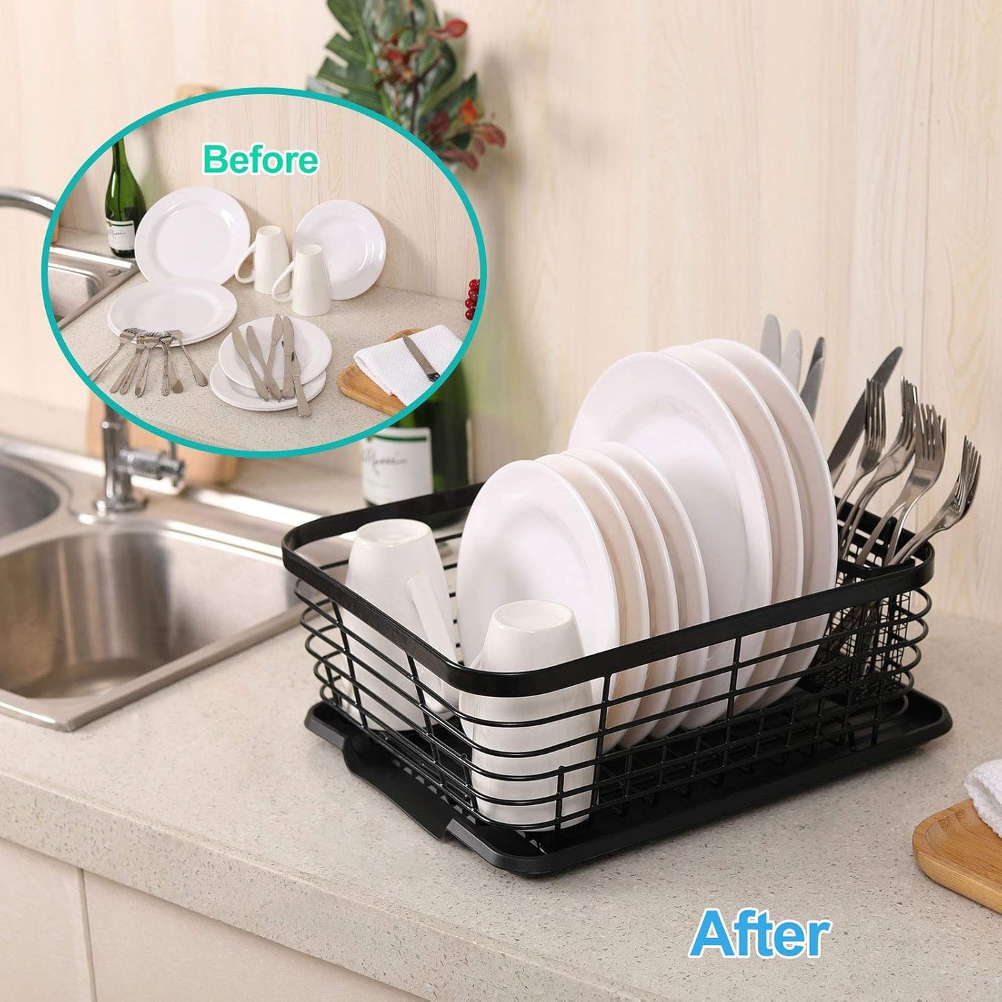 TQVAI Kitchen Dish Drainer Rack - Includes Drying Board & Full-Mesh Utensils Holder | Black